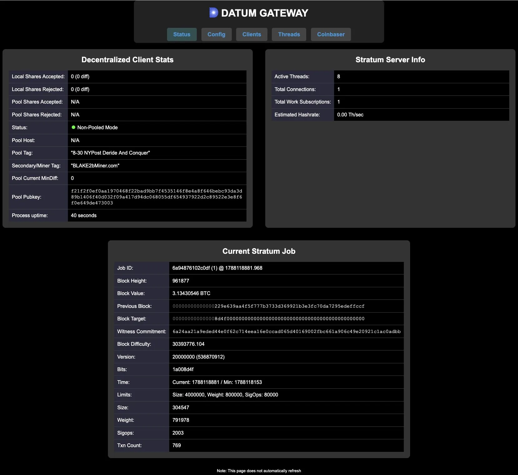 The DATUM Gateway status page: non-pooled mode, pool tag "8-30 NYPost Deride And Conquer", one connection, one work subscription, current stratum job at block height 961,877 with mainnet difficulty