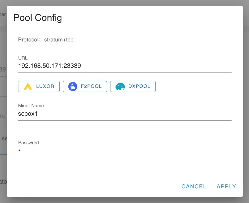 The Goldshell add-pool form filled in with the DATUM stratum address, worker name and password