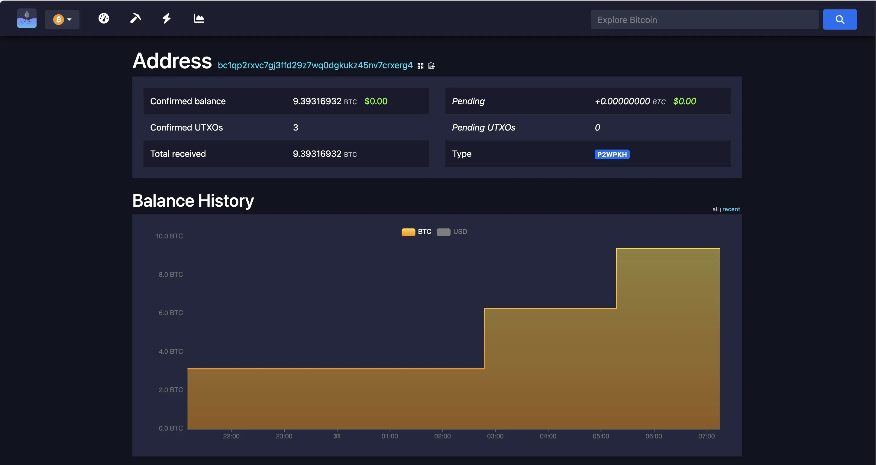 mempool.guide address page: confirmed balance 9.39316932 BTC, three confirmed UTXOs, and a balance history that steps up three times overnight