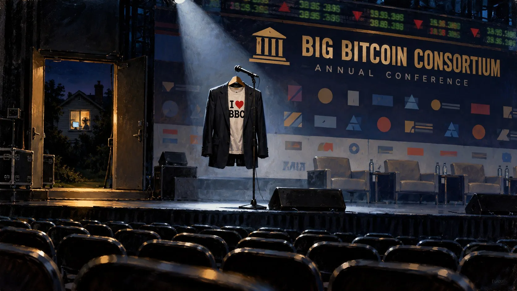 An empty dark suit jacket over a white t-shirt reading I love BBC hangs on a wooden hanger from a microphone stand on a bare conference stage, lit by one spotlight. Behind it, a wall of sponsor shapes under the words Big Bitcoin Consortium Annual Conference, and a running stock ticker. Empty panel chairs on the stage, empty seats in the hall. Through an open door at the left of the stage, a house at night with one lit window, a computer screen and a desk fan inside.