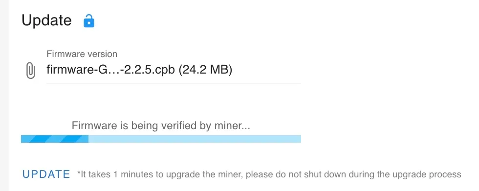 The Goldshell System page's Update panel mid-flash: the 2.2.5 file loaded, a progress bar, and the line "Firmware is being verified by miner..."
